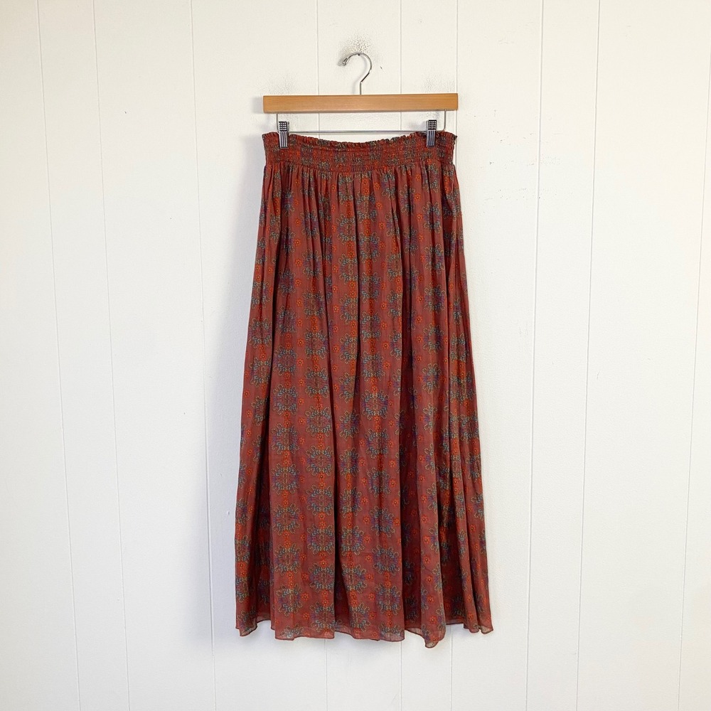 Natural Life L/XL Rust Red Floral Cotton Gauze Smocked Maxi Skirt Large XL